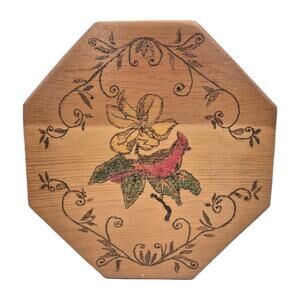 Vintage Pyrography Octagonal Wood Trivet Cardinal Flower Scrollwork 11"